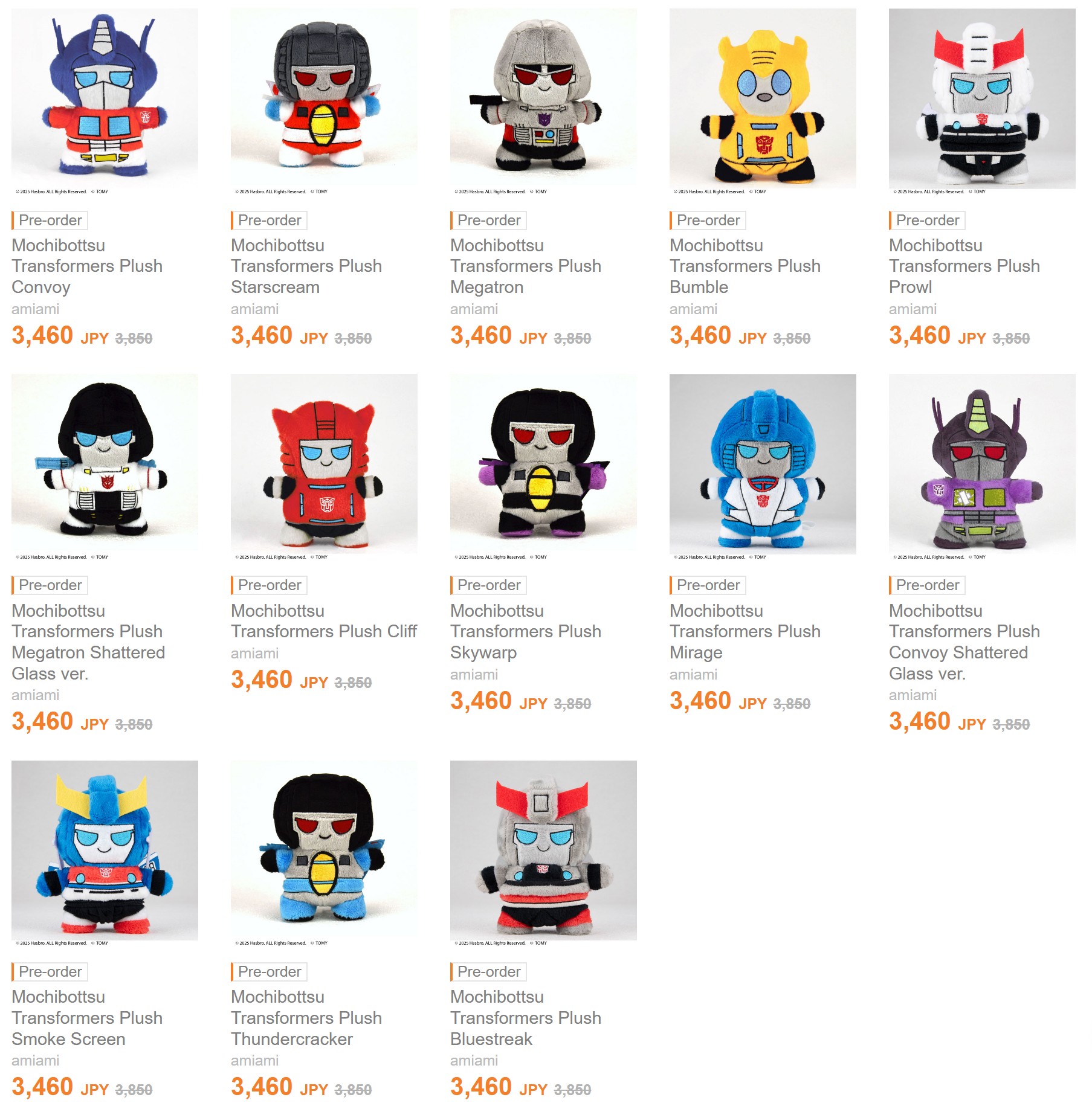AmiAmi Reveals Extensive Lineup of Exclusive Mochibottsu Transformers Plush
