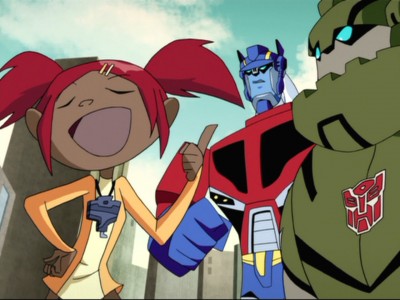 Sari tells a story to Optimus and Bulkhead